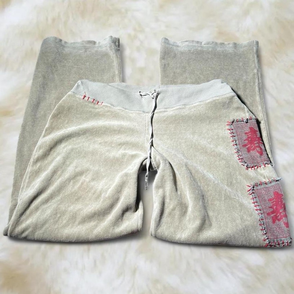 Y2K Velour Wide Leg Pants Low Rise Sage Green Chinese Patchwork 2000s M L